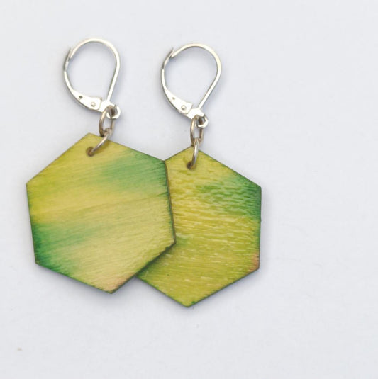 Boucle d'oreille en bois. Hexagone vert